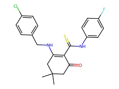 2-[(4-chlorophenyl)methylamino]-N-(4-fluorophenyl)-4,4-dimethyl-6-oxocyclohexene-1-carbothioamide structure