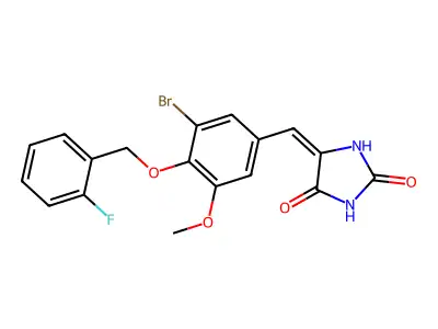 (5E)-5-{3-bromo-4-[(2-fluorobenzyl)oxy]-5-methoxybenzylidene}imidazolidine-2,4-dione structure