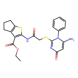 ethyl 2-({[(6-amino-4-oxo-1-phenyl-1,4-dihydropyrimidin-2-yl)sulfanyl]acetyl}amino)-5,6-dihydro-4H-cyclopenta[b]thiophene-3-carboxylate structure