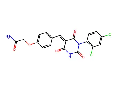 2-(4-{(E)-[1-(2,4-dichlorophenyl)-2,4,6-trioxotetrahydropyrimidin-5(2H)-ylidene]methyl}phenoxy)acetamide structure