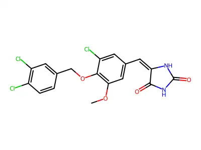 (5E)-5-{3-chloro-4-[(3,4-dichlorobenzyl)oxy]-5-methoxybenzylidene}imidazolidine-2,4-dione structure