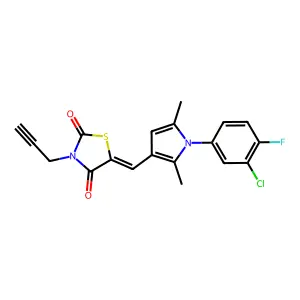 (5E)-5-[[1-(3-chloro-4-fluorophenyl)-2,5-dimethylpyrrol-3-yl]methylidene]-3-prop-2-ynyl-1,3-thiazolidine-2,4-dione structure