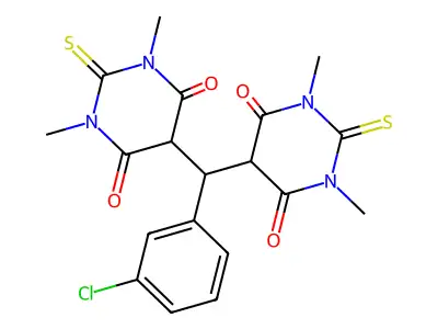 5,5'-[(3-chlorophenyl)methanediyl]bis(1,3-dimethyl-2-thioxodihydropyrimidine-4,6(1H,5H)-dione) structure