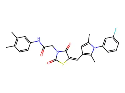 N-(3,4-dimethylphenyl)-2-[(5E)-5-[[1-(3-fluorophenyl)-2,5-dimethylpyrrol-3-yl]methylidene]-2,4-dioxo-1,3-thiazolidin-3-yl]acetamide structure