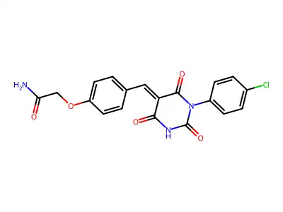 2-[4-[(E)-[1-(4-chlorophenyl)-2,4,6-trioxo-1,3-diazinan-5-ylidene]methyl]phenoxy]acetamide structure