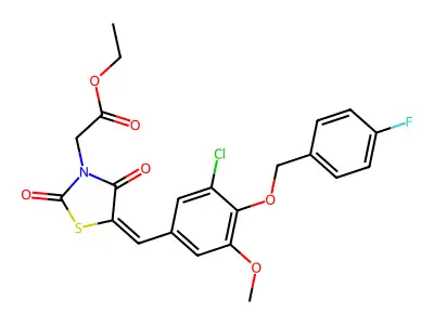 ethyl [(5E)-5-{3-chloro-4-[(4-fluorobenzyl)oxy]-5-methoxybenzylidene}-2,4-dioxo-1,3-thiazolidin-3-yl]acetate structure