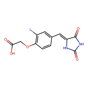 {4-[(E)-(2,5-dioxoimidazolidin-4-ylidene)methyl]-2-iodophenoxy}acetic acid structure