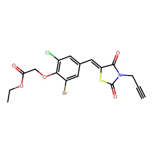 ethyl (2-bromo-6-chloro-4-{(E)-[2,4-dioxo-3-(prop-2-yn-1-yl)-1,3-thiazolidin-5-ylidene]methyl}phenoxy)acetate structure
