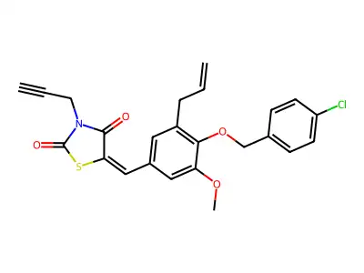(5E)-5-[[4-[(4-chlorophenyl)methoxy]-3-methoxy-5-prop-2-enylphenyl]methylidene]-3-prop-2-ynyl-1,3-thiazolidine-2,4-dione structure