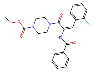 Ethyl 4-[2-benzamido-3-(2-chlorophenyl)prop-2-enoyl]piperazine-1-carboxylate structure