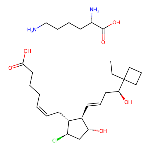 (Z)-7-((1R,2R,3R,5R)-5-Chloro-2-((S,E)-4-(1-ethylcyclobutyl)-4-hydroxybut-1-en-1-yl)-3-hydroxycyclopentyl)hept-5-enoic acid L-lysine salt structure