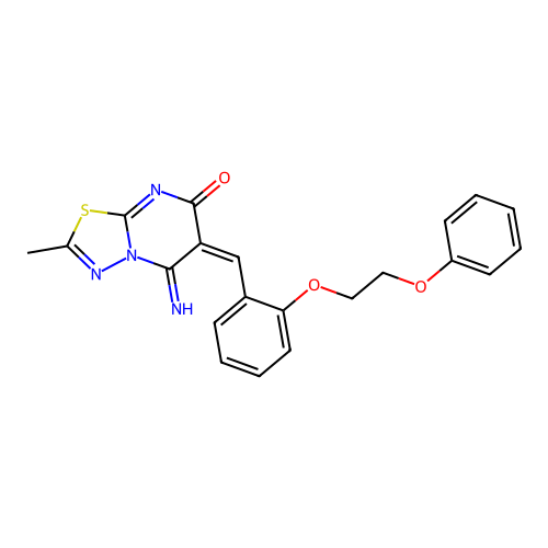 (6E)-5-imino-2-methyl-6-[[2-(2-phenoxyethoxy)phenyl]methylidene]-[1,3,4]thiadiazolo[3,2-a]pyrimidin-7-one structure