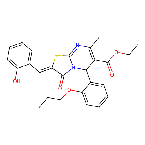 ethyl (2Z)-2-(2-hydroxybenzylidene)-7-methyl-3-oxo-5-(2-propoxyphenyl)-2,3-dihydro-5H-[1,3]thiazolo[3,2-a]pyrimidine-6-carboxylate structure