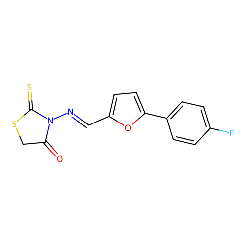 3-[(E)-[5-(4-fluorophenyl)furan-2-yl]methylideneamino]-2-sulfanylidene-1,3-thiazolidin-4-one structure