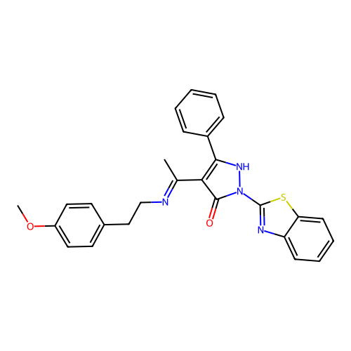 (4E)-2-(1,3-benzothiazol-2-yl)-4-(1-{[2-(4-methoxyphenyl)ethyl]amino}ethylidene)-5-phenyl-2,4-dihydro-3H-pyrazol-3-one structure