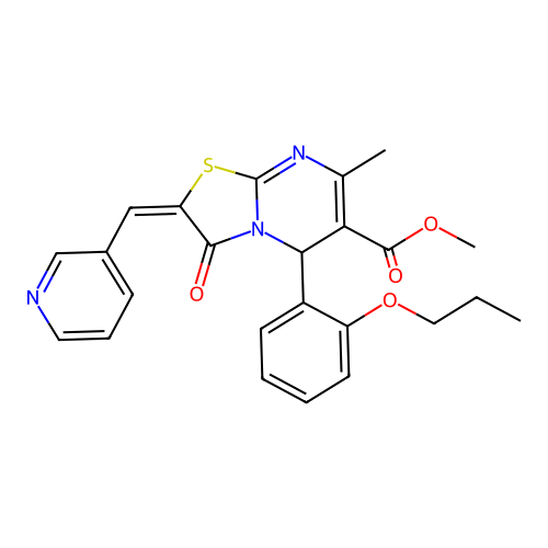 (E)-methyl 7-methyl-3-oxo-5-(2-propoxyphenyl)-2-(pyridin-3-ylmethylene)-3,5-dihydro-2H-thiazolo[3,2-a]pyrimidine-6-carboxylate structure