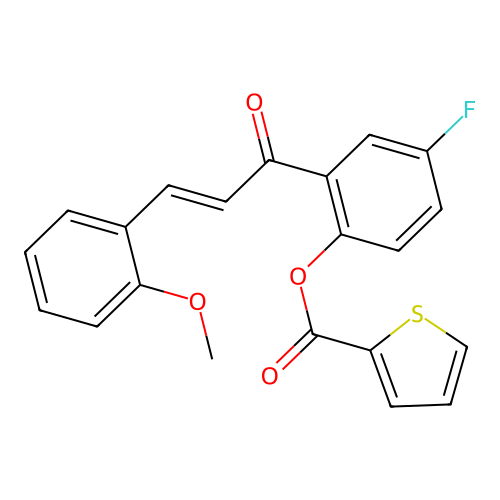 (E)-4-fluoro-2-(3-(2-methoxyphenyl)acryloyl)phenyl thiophene-2-carboxylate structure