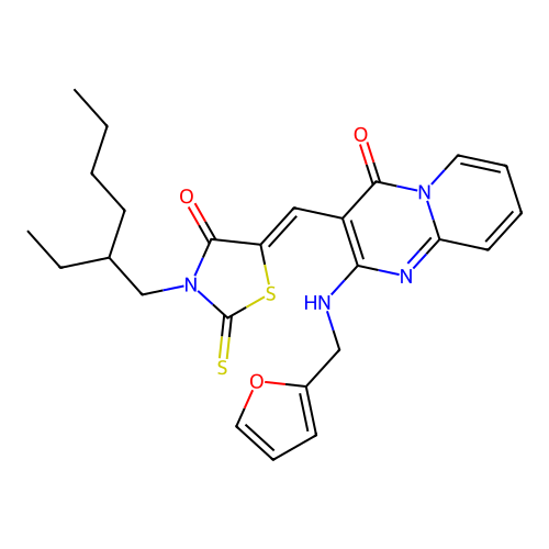 3-{(Z)-[3-(2-ethylhexyl)-4-oxo-2-thioxo-1,3-thiazolidin-5-ylidene]methyl}-2-[(2-furylmethyl)amino]-4H-pyrido[1,2-a]pyrimidin-4-one structure