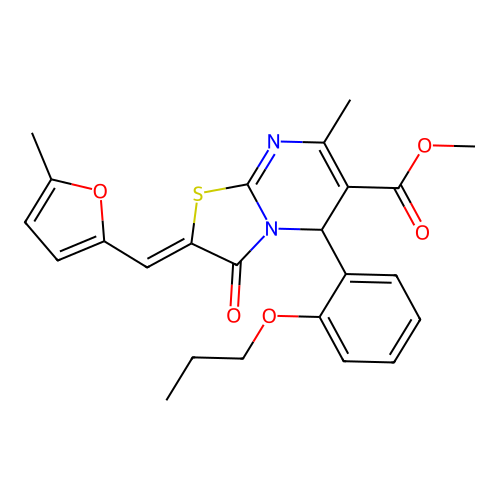 methyl (2Z)-7-methyl-2-[(5-methylfuran-2-yl)methylidene]-3-oxo-5-(2-propoxyphenyl)-2,3-dihydro-5H-[1,3]thiazolo[3,2-a]pyrimidine-6-carboxylate structure