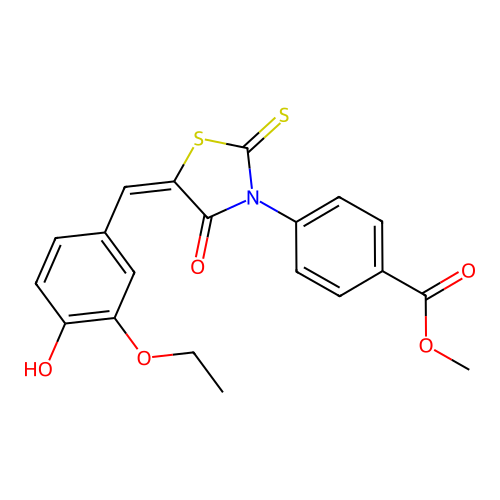(E)-methyl 4-(5-(3-ethoxy-4-hydroxybenzylidene)-4-oxo-2-thioxothiazolidin-3-yl)benzoate structure