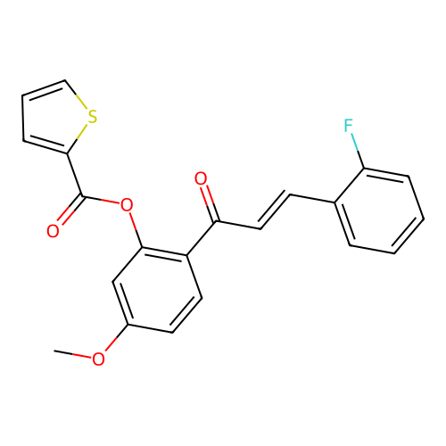 (E)-2-(3-(2-fluorophenyl)acryloyl)-5-methoxyphenyl thiophene-2-carboxylate structure