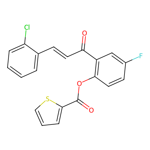 2-[(2E)-3-(2-chlorophenyl)prop-2-enoyl]-4-fluorophenyl thiophene-2-carboxylate structure