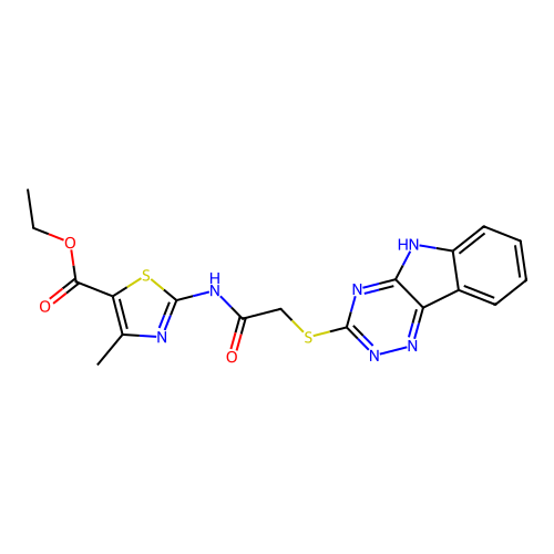 ethyl 2-(2-((5H-[1,2,4]triazino[5,6-b]indol-3-yl)thio)acetamido)-4-methylthiazole-5-carboxylate structure