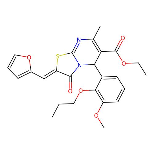 ethyl (2Z)-2-(furan-2-ylmethylidene)-5-(3-methoxy-2-propoxyphenyl)-7-methyl-3-oxo-2,3-dihydro-5H-[1,3]thiazolo[3,2-a]pyrimidine-6-carboxylate structure
