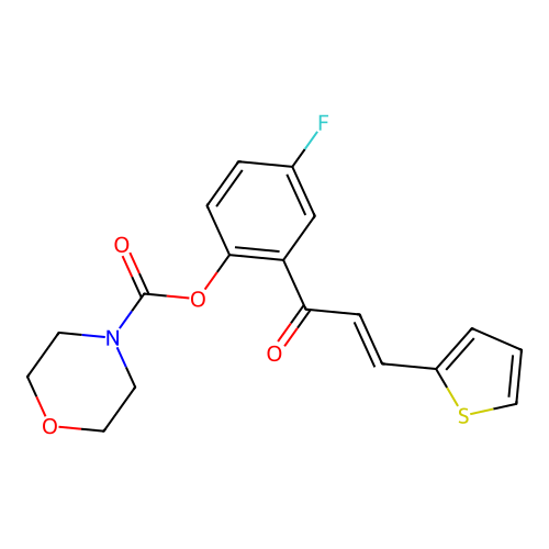 (E)-4-fluoro-2-(3-(thiophen-2-yl)acryloyl)phenyl morpholine-4-carboxylate structure
