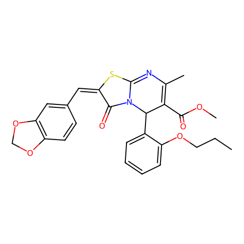 (E)-methyl 2-(benzo[d][1,3]dioxol-5-ylmethylene)-7-methyl-3-oxo-5-(2-propoxyphenyl)-3,5-dihydro-2H-thiazolo[3,2-a]pyrimidine-6-carboxylate structure