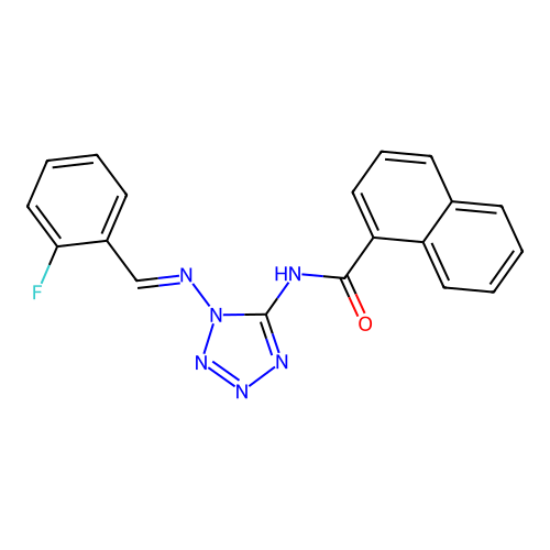 N-[1-[(E)-(2-fluorophenyl)methylideneamino]tetrazol-5-yl]naphthalene-1-carboxamide structure