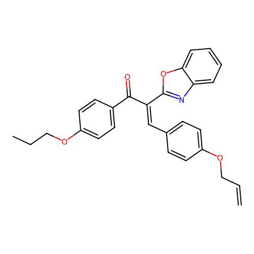 (E)-2-(1,3-benzoxazol-2-yl)-3-(4-prop-2-enoxyphenyl)-1-(4-propoxyphenyl)prop-2-en-1-one structure