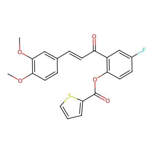 (E)-2-(3-(3,4-dimethoxyphenyl)acryloyl)-4-fluorophenyl thiophene-2-carboxylate structure