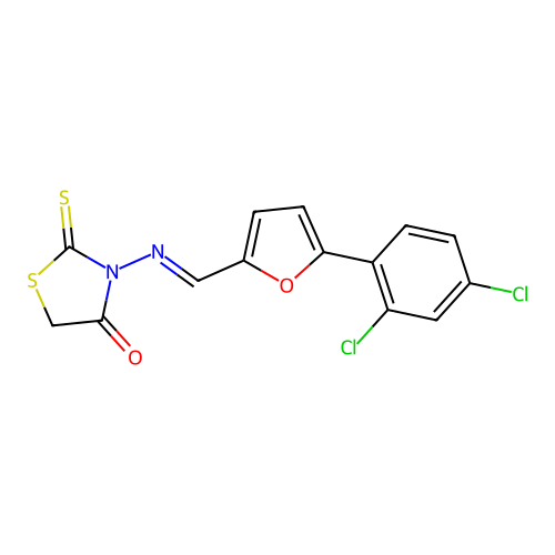 (E)-3-(((5-(2,4-dichlorophenyl)furan-2-yl)methylene)amino)-2-thioxothiazolidin-4-one structure