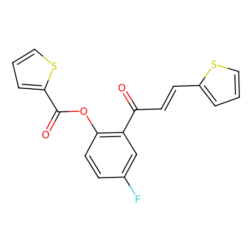 (E)-4-fluoro-2-(3-(thiophen-2-yl)acryloyl)phenyl thiophene-2-carboxylate structure
