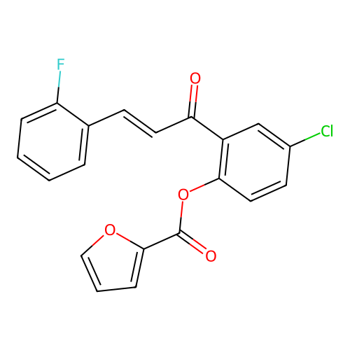 (E)-4-chloro-2-(3-(2-fluorophenyl)acryloyl)phenyl furan-2-carboxylate structure
