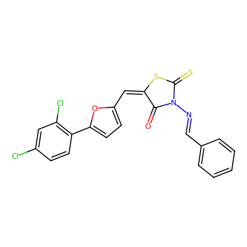 (5E)-3-[(E)-benzylideneamino]-5-[[5-(2,4-dichlorophenyl)furan-2-yl]methylidene]-2-sulfanylidene-1,3-thiazolidin-4-one structure