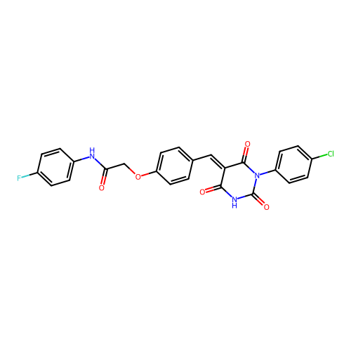 2-(4-{(E)-[1-(4-chlorophenyl)-2,4,6-trioxotetrahydropyrimidin-5(2H)-ylidene]methyl}phenoxy)-N-(4-fluorophenyl)acetamide structure
