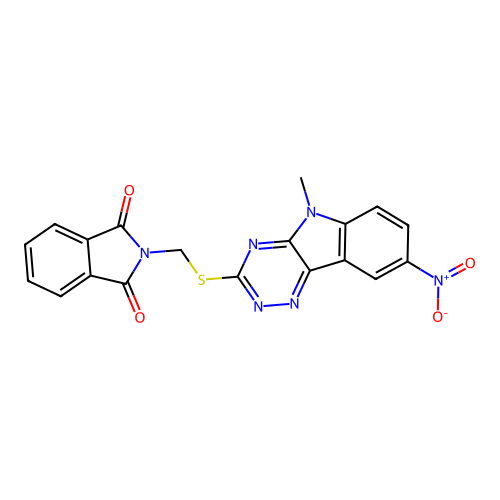 2-[(5-methyl-8-nitro-[1,2,4]triazino[5,6-b]indol-3-yl)sulfanylmethyl]isoindole-1,3-dione structure