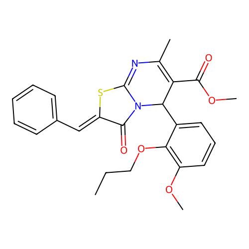 methyl (2Z)-2-benzylidene-5-(3-methoxy-2-propoxyphenyl)-7-methyl-3-oxo-2,3-dihydro-5H-[1,3]thiazolo[3,2-a]pyrimidine-6-carboxylate structure