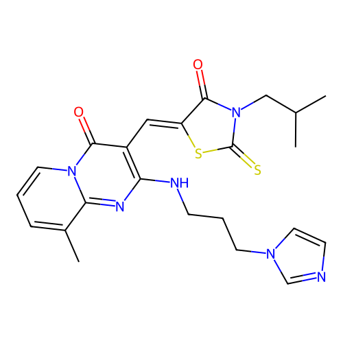 (5Z)-5-[[2-(3-imidazol-1-ylpropylamino)-9-methyl-4-oxopyrido[1,2-a]pyrimidin-3-yl]methylidene]-3-(2-methylpropyl)-2-sulfanylidene-1,3-thiazolidin-4-one structure