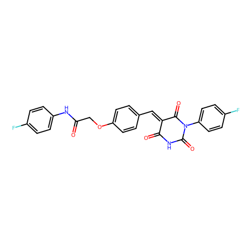 N-(4-fluorophenyl)-2-(4-{(E)-[1-(4-fluorophenyl)-2,4,6-trioxotetrahydropyrimidin-5(2H)-ylidene]methyl}phenoxy)acetamide structure