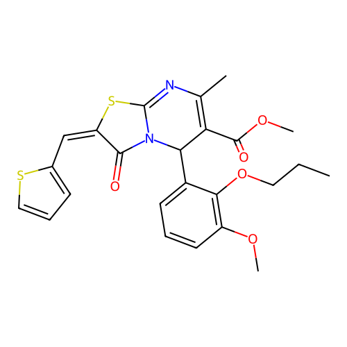 (E)-methyl 5-(3-methoxy-2-propoxyphenyl)-7-methyl-3-oxo-2-(thiophen-2-ylmethylene)-3,5-dihydro-2H-thiazolo[3,2-a]pyrimidine-6-carboxylate structure