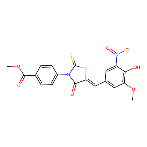 (Z)-methyl 4-(5-(4-hydroxy-3-methoxy-5-nitrobenzylidene)-4-oxo-2-thioxothiazolidin-3-yl)benzoate structure