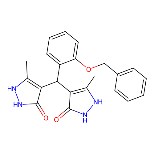 4,4'-((2-(benzyloxy)phenyl)methylene)bis(3-methyl-1H-pyrazol-5-ol) structure