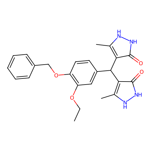 4,4'-{[4-(benzyloxy)-3-ethoxyphenyl]methanediyl}bis(3-methyl-1H-pyrazol-5-ol) structure