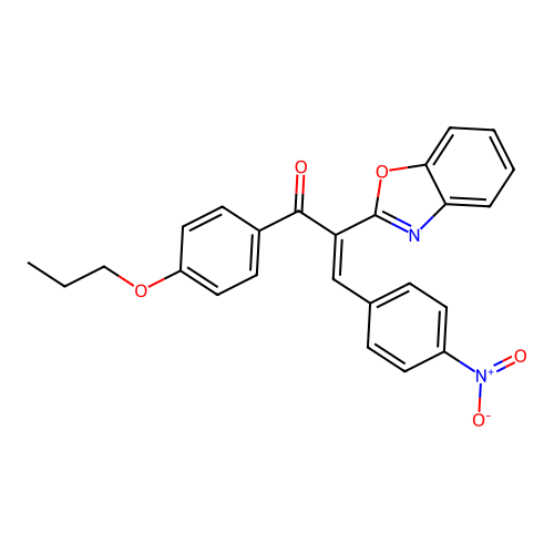 (E)-2-(1,3-benzoxazol-2-yl)-3-(4-nitrophenyl)-1-(4-propoxyphenyl)prop-2-en-1-one structure