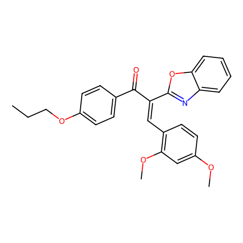 (E)-2-(1,3-benzoxazol-2-yl)-3-(2,4-dimethoxyphenyl)-1-(4-propoxyphenyl)prop-2-en-1-one structure
