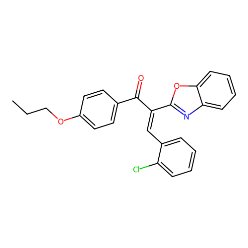 (E)-2-(1,3-benzoxazol-2-yl)-3-(2-chlorophenyl)-1-(4-propoxyphenyl)prop-2-en-1-one structure