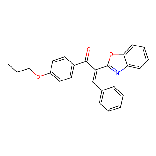 (E)-2-(1,3-benzoxazol-2-yl)-3-phenyl-1-(4-propoxyphenyl)prop-2-en-1-one structure